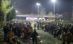 Des réfugiés et migrants attendent à la frontière slovène à Sentilj pour passer en Autriche le 6 novembre 2015