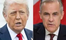 Ce montage photos créé le 2 mai 2025 montre, à gauche, le président américain, Donald Trump, s’exprimant à Washington le 23 avril 2025, et, à droite, le nouveau Premier ministre canadien, Mark Carney, parlant à Ottawa le 2 mai 2025