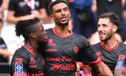 La joie des Clermontois après l'égalisation sur un csc face aux Lyonnais, le 22 août 2021 au Groupama Stadium