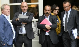 Le président de la CFE-CGC Francois Hommeril, le secrétaire général de la CFTC Laurent Berger, celui de la CGT Philippe Martinez, Angeline Barth secrétaire confédérale de la CGT et le président de la CFTC Cyril Chabanier, à Matignon le 17 juillet 2020 