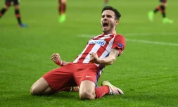 Le milieu de l'Atletico Madrid Saul Niguez ouvre le score face à Leverkusen en Ligue des champions, le 21 février 2017  à Leverkusen