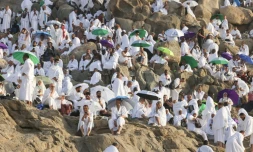 Des pèlerins prient sur le mont Arafat, au deuxième jour du hajj, le 5 juin 2025
