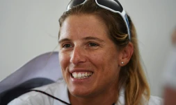 Camille Lecointre, médaillée de bronze en voile à Rio et déjà qualifiée pour Tokyo, interrogée par les médias avant une compétition de son sport à Enoshima, le 22 août 2019