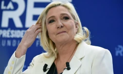 Marine Le Pen, candidate du RN à la présidentielle, présente son programme économique au Medef, le 21 février 2022 à Paris