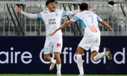 La joie de l'attaquant turc de Marseille, Cengiz Under, après avoir ouvert le score contre Bordeaux, lors de la 20e journée de Ligue 1, le 7 janvier 2022 au Matmut Stadium