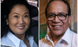 Cette combinaison de photos réalisée le 13 mai 2026 montre les candidats à la présidence du Pérou, Keiko Fujimori (g.), à Lima le 14 avril 2026, et Roberto Sanchez, dans son bureau de campagne à Lima, le 14 avril 2026