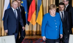 Le président russe Vladimir Poutine et la chancelière allemande Angela Merkel lors d'une réunion sur l'Ukraine à l'Elysée à Paris le 9 décembre 2019