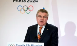 Le président du Comité internatioal olympique, Thomas Bach, durant une conférence de presse sur le futur site de voile à Marseille, le 21 septembre 2017