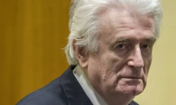 L'ancien chef politique des Serbes de Bosnie Radovan Karadzic lors d'une session au tribunal à La Haye, le 20 mars 2019