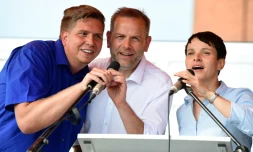 Leif-Erik Holm (c), candidat local de l'AfD aux élections régionales, la présidente de l'AfD Frauke Petry (d) et Lars Loewe, un membre du parti (g) chantent l'hymne national, le 27 août 2016 à Wismar
