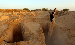 Chamseddine Marzoug, un ancien pêcheur, creuse une tombe pour des migrants morts en mer, le 12 juillet 2017 à Zarzis en Tunisie