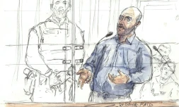 Croquis d'audience du braqueur multirécidiviste Redoine Faïd, devant la cour d'assises de Paris, le 2 mars 2016