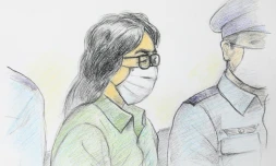 Ce croquis d'audience réalisé par Masato Yamashita le 30 septembre 2020 montre Takahiro Shiraishi, lors de son premier procès au tribunal de district de Tachikawa à Tokyo