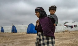 Une femme syrienne porte un enfant dans un camp pour déplacés, près de Hassaké, dans le nord-est de la Syrie en guerre, le 17 février 2020