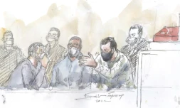 Croquis d'audience au procés des attentats du 13 novembre 2015 montrant Mohamed Abrini, Mohamed Amri et Salah Abdeslam, lors d'ue audience le 27 janvier 2022