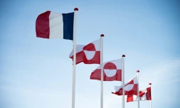 Les drapeaux français et canadien ancadrent ceux du Groenland en face du Parlement de Nuuk, le 6 février 2026
