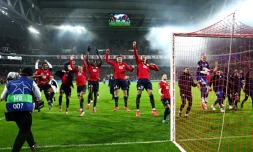 La joie des Lillois, vainqueurs 6-1 de Feyenoord, et qualifiés directement pour les 8es de la Ligue des champions, le 29 janvier 2025 au stade Pierre-Mauroy