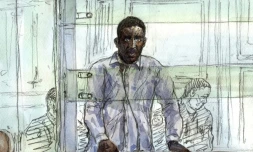 Croquis d'audience qui montre Yoni Palmier, le jour d'ouverture de son procès d'appel au Palais de Justice de Paris, le 14 mars 2017