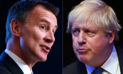 Montage photographique créé à Londres le 21 juin 2019 montrant Jeremy Hunt (G) à Berlin le 20 février 2019 et Boris Johnson (D) à Birmingham le 2 octobre 2018