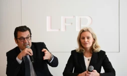 La présidente de la LFP Nathalie Boy de la Tour et le directeur exécutif Didier Quillot, lors d'un point presse à Paris, le 11 mars 2020
