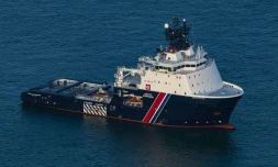 Photo aérienne du remorqueur d'intervention Abeille Normandie le 16 septembre 2023 au large de Boulogne-sur-Mer dans le Nord de la France