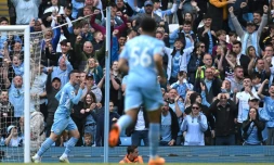 Manchester City reste sur une victoire facile (5-0) à domicile sur Newcastle United avec notamment un but de Phil Foden, le 8 mai 2022 