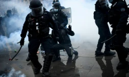 Des policiers arrestent un manifestant, le 30 janvier 2021 Ă Paris