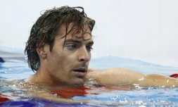 Camille Lacourt à l'arrivée de la finale du 100 m brasse aux JO de Rio, le 8 août 2016