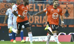 La joie de Jimmy Cabot (d), auteur du but de la victoire de Lorient contre Lyon, le 24 septembre 2016 au Moustoir