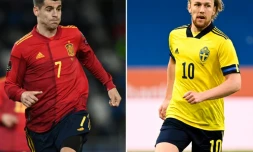 Montage photos de l'attaquant espagnol Alvaro Morata et du milieu de terrain suédois Emil Forsberg, dont les équipes s'affronteront pour leur 1er match de l'Euro 2020, le 14 juin 2021 à Séville