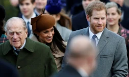Le prince Philip, Meghan et Harry à Sandringham le 25 décembre 2017