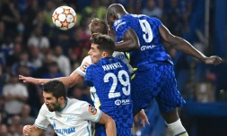 Romelu Lukaku marque de la tête l'unique but de la victoire de Chelsea face au Zenit St-Pétersbourg à Stamford Bridge, le 14  septembre 2021 
