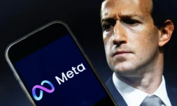 Une photo de Mark Zuckerberg, PDG de Meta, et le logo de Meta, le 7 janvier 2025 à Washington