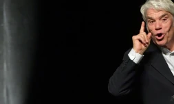 Bernard Tapie, lors d'une conférence à la chambre de commerce de Liège (Belgique), le 27 septembre 2018