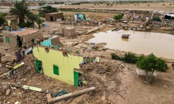 Photo prise le 19 août 2022 montrant des maisons détruites par des inondations dans le village de Makaylab, dans l'Etat du Nil, dans le nord-est du Soudan
