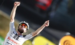 Le Suisse Marc Hirschi (Sunweb), vainqueur de la 12e étape du Tour de France, le 10 septembre 2020 à Sarran