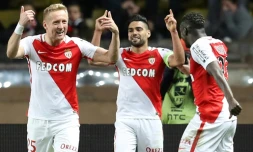 La joie des Monégasques après un but de Falcao (c) contre Nice, le 4 février 2017 à Louis-II