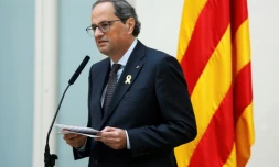 Le président catalan Quim Torra réagit aux lourdes réquisitions du parquet espagnol contre des dirigeants indépendantistes de la région, dans une déclaration à Barcelone le 2 novembre 2018