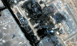 Image satellite fournie par Vantor montrant une station de pompage près de l'oléoduc Est-Ouest (Petroline) de l'Arabie saoudite, à al-Mesabaah, le 13 septembre 2026 après une attaque