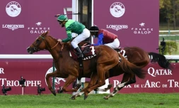 Le jockey italien Cristian Demuro sur Sottsass remporte le Prix de l'Arc de Triomphe, le 4 octobre 2020 sur l'hippodrome de ParisLongchamp à Paris