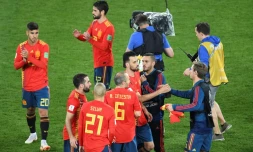 Le soulagement des joueurs espagnols à l'issue du match nul contre le Maroc à Kaliningrad, le 25 juin 2018