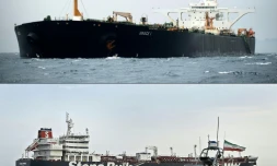 Le pétrolier iranien Grace 1 (h), et une patrouille des Gardiens iraniens de la Révolution prÚs du pétrolier britannique Stena Impero (b)