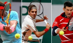 (g Ă d) L'Espagnol Rafael Nadal, Ă Roland-Garros, le 9 octobre 2020; le Suisse Roger Federer, Ă Roland-Garros, le 7 juin 2019; et le Serbe Novak Djokovic, Ă Roland-Garros, le 5 octobre 2020