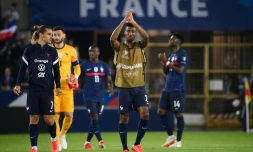 Antoine Griezmann, Hugo Lloris, Moussa Diaby, Kingsley Coman et Aurélien Tchouaméni, après le match nul (1-1) de la France contre la Bosnie-Herzégovine, lors du match de qualification pour le Mondial-2022 au Qatar, le 1er septembre 2021 à Strasbourg