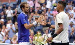 Le Russe Daniil Medvedev, vainqueur (6-4, 7-5, 6-2) du Canadien Félix Auger-Aliassime, en demi-finale de l'US Open, le 10 septembre 2021 à à New York