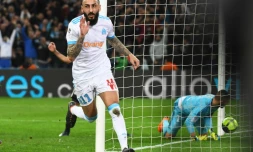 Konstantinos Mitroglou, buteur pour l'OM contre Lyon en Ligue 1, au Vélodrome, le 18 mars 2018