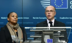 La ministre de la Justice Christiane Taubira et le ministre de l'Intérieur Bernard Cazeneuve à Bruxelles, le 20 novembre 2015