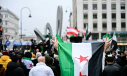 Des membres de la communauté syrienne célèbrent à Vienne, en Autriche, le 8 décembre 2024, la fuite de Syrie de Bachard al-Assad