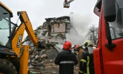 Sur les lieux d'une frappe russe, à Poltava, en Ukraine, le 1er février 2025