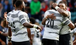 La joie des Fidjiens auteurs d'une victoire historique en Angleterre, le 26 août 2023 à Twickenham